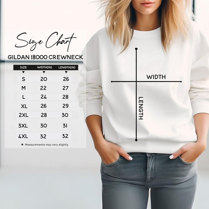 May include: Size chart for a Gildan 18000 crewneck sweatshirt. The chart shows the width and length in inches for sizes S through 4XL.