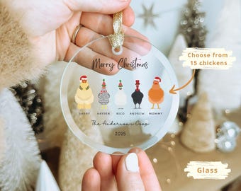 Custom Family Christmas Chicken Ornament 2024|Personalized Family Name Acrylic/Glass Ornament|Chicken Coop Ornament for Family Xmas Gift