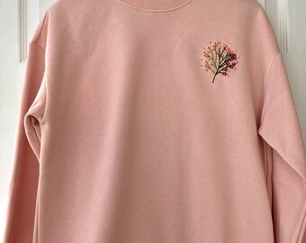 Embroidered sweatshirt- hand embroidered pink wildflowers floral light pink sweatshirt