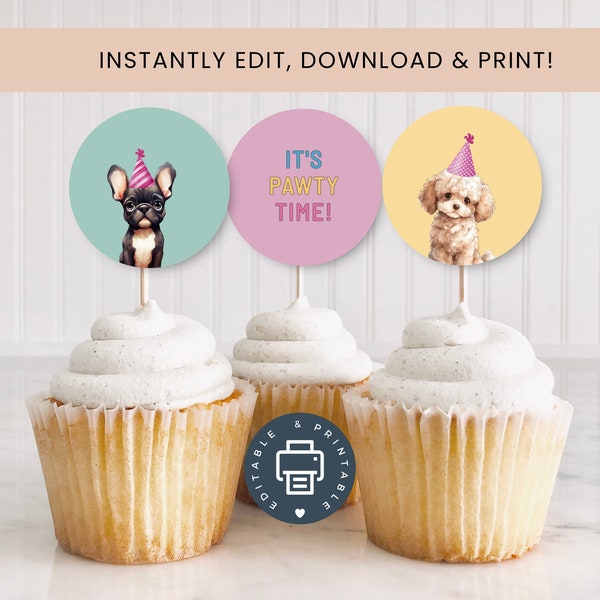 Lets Pawty Cupcake Topper template, Editable, Instant Download, Puppy Party printables, Round, square, kids party decor, Templett, APC003