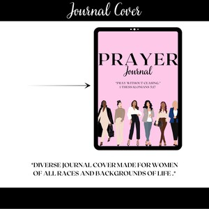 Puede incluir: Una portada de diario rosa con el texto "PRAYER Journal" y la cita "PRAY WITHOUT CEASING." 1 THESSALONIANS 3:17. La portada presenta un grupo de mujeres de diferentes razas y or&iacute;genes.