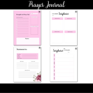 Puede incluir: Un diario de oraci&oacute;n imprimible con p&aacute;ginas rosas y blancas. El diario incluye secciones para las personas por las que orar, las escrituras favoritas, las notas del serm&oacute;n y las escrituras por categor&iacute;a.