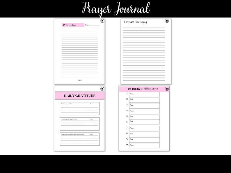 Puede incluir: Un diario de oraci&oacute;n imprimible con secciones para oraciones diarias, una lista de oraciones, gratitud diaria y 10 afirmaciones b&iacute;blicas.