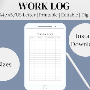 Editable Work Log,Work Log Printable,Working Hours Log,Instant Download,A4 A5 & Letter PDF,Work Task Log,Work Time Log,Activity Tracker