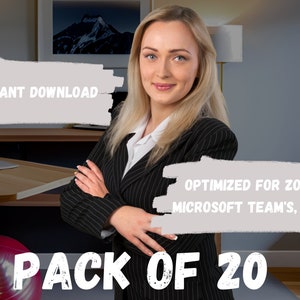 May include: A woman in a black and white striped blazer stands with her arms crossed. The text "INSTANT DOWNLOAD" and "OPTIMIZED FOR ZOOM, MICROSOFT TEAM'S, ETC." is visible in the image. The text "PACK OF 20" is also visible in the image.