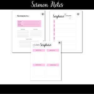 Puede incluir: Planificador de notas de serm&oacute;n imprimible con secciones para los detalles del serm&oacute;n, las Escrituras por categor&iacute;a y las Escrituras favoritas. El planificador tiene un esquema de color rosa y blanco.