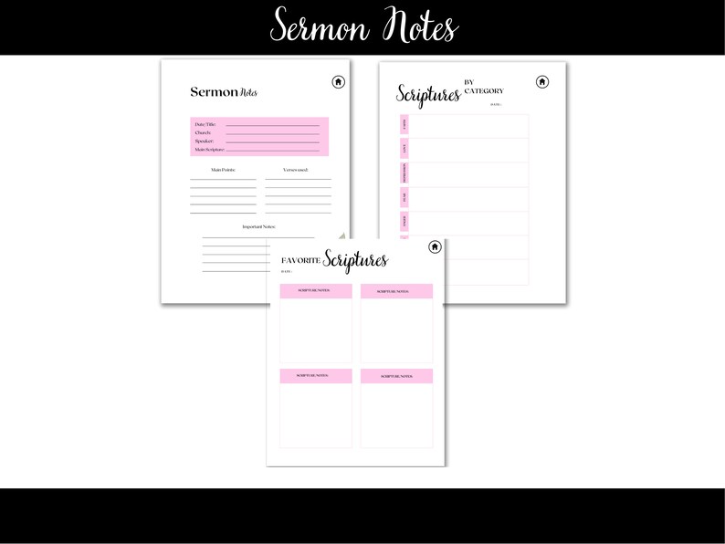 Puede incluir: Planificador de notas de serm&oacute;n imprimible con secciones para los detalles del serm&oacute;n, las Escrituras por categor&iacute;a y las Escrituras favoritas. El planificador tiene un esquema de color rosa y blanco.
