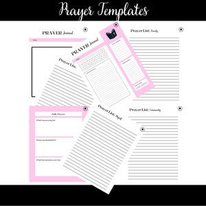 Puede incluir: Plantillas de diario de oraci&oacute;n imprimibles con acentos rosa y negro. Las plantillas incluyen secciones para la oraci&oacute;n diaria, listas de oraci&oacute;n para la familia, para uno mismo y para la comunidad, y un rastreador de oraciones.