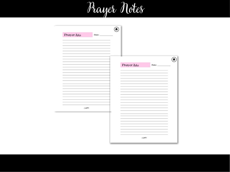 Puede incluir: Dos p&aacute;ginas imprimibles de diario de oraci&oacute;n con el t&iacute;tulo "Ideas de oraci&oacute;n" y un espacio para la fecha. Las p&aacute;ginas tienen un fondo rosa y un icono de casa en la esquina superior derecha.