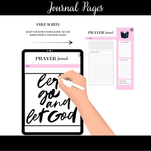 Puede incluir: Una tableta digital con una aplicaci&oacute;n de diario de oraci&oacute;n rosa y negra abierta. La aplicaci&oacute;n tiene un fondo blanco con texto negro que dice "PRAYER Journal". El texto "Let go and let God" est&aacute; escrito en cursiva negra en la pantalla. Una mano sostiene un l&aacute;piz &oacute;ptico y escribe en la pantalla.