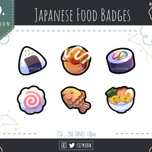May include: Six colorful Japanese food badges with white outlines. The badges feature images of onigiri, takoyaki, sushi, kamaboko, taiyaki, and ramen. The text "72, 36 AND 18px" is at the bottom of the image.