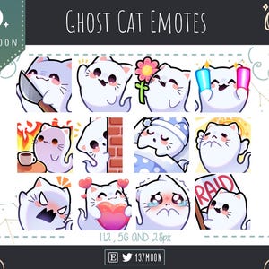 May include: A set of 12 ghost cat emotes in various poses and expressions. The emotes are white with black eyes and are set against a white background. The emotes are 112, 56 and 28 pixels in size. The text "137MOON" is in the bottom right corner of the image.