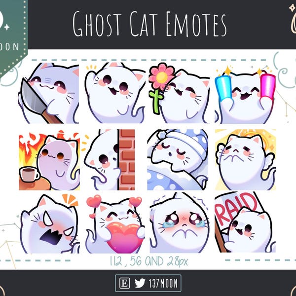 Cute Cat Ghost Emotes for Twitch | Youtube | Discord | Kawaii | Stream | Spooky Cat Ghost Emote 12 Bundle | Halloween Stream Assets