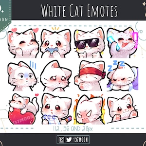 Cute Cat Emotes for Twitch | Youtube | Discord | Kawaii | Stream | White Cat Emote 12 Bundle #1