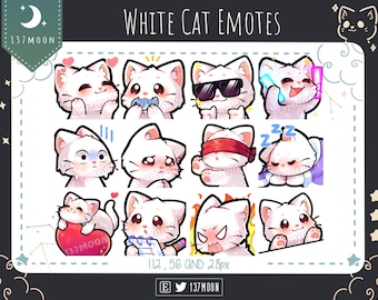 May include: A set of 12 white cat emoticons with different expressions, including blushing, sleeping, and wearing sunglasses. The emoticons are in a grid format and are available in three sizes: 112, 56, and 28 pixels.