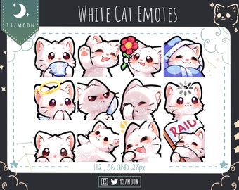 Cute Cat Emotes for Twitch | Youtube | Discord | Kawaii | Stream | White Cat Emote 12 Bundle #2