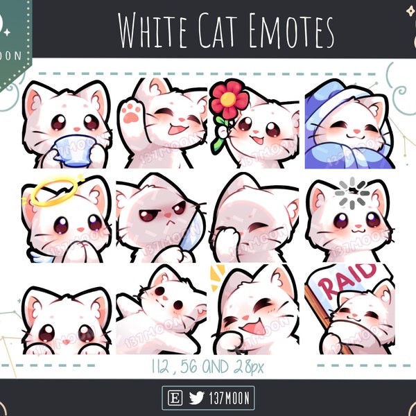 Niedliche Katzen Emotes für Twitch | Youtube | Zwietracht | Kawaii | Bach | Weiße Katze Emote 12 Bundle #2