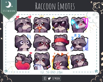 Cute Raccoon Emotes for Twitch | Youtube | Discord | Kawaii | Stream | Gray Raccoon Emote 12 Bundle