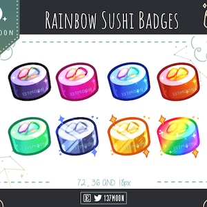 Rainbow Sushi sub Badges for Twitch | Shiny | Sparkle | Japanese | Youtube | Discord | Cute Loyalty Badge | Kawaii | Stream