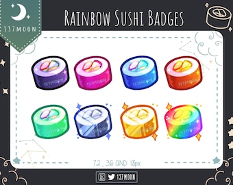 Rainbow Sushi sub Badges for Twitch | Shiny | Sparkle | Japanese | Youtube | Discord | Cute Loyalty Badge | Kawaii | Stream