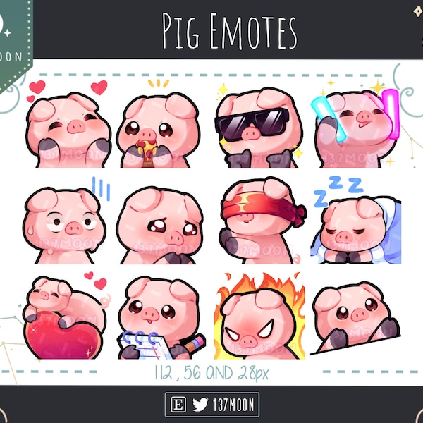 Emotes cochon mignon pour Twitch | Youtube | Discorde | Kawaii | Flux | Lot de 12 émotes cochon rose