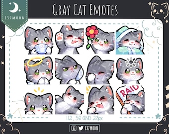 Cute Cat Emotes for Twitch | Youtube | Discord | Kawaii | Stream | Gray Cat Emote 12 Bundle #2