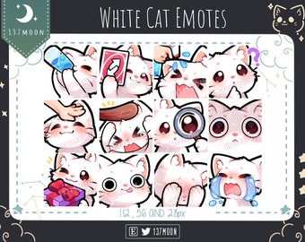 May include: A set of 12 white cat emotes in various poses and expressions. The emotes are in a grid format and include a cat holding a card, a cat with a question mark, a cat with a magnifying glass, a cat with a gift, and more. The emotes are all in a cartoon style and have a cute and playful look.