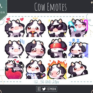 Cute Cow Emotes for Twitch | Youtube | Discord | Kawaii | Stream | Black and White Cow Emote 12 Bundle