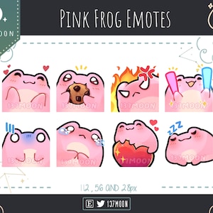 May include: A set of eight pink frog emojis with different expressions, including blushing, eating a cookie, angry, playing with a stick, crying, blushing with hearts, sitting on a red heart, and sleeping. The emojis are 112, 56, and 28 pixels in size.