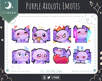 Cute Axolotl Emotes for Twitch | Youtube | Discord | Kawaii | Stream | Purple Axolotl Emote 8 Bundle