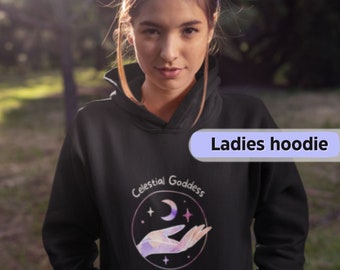 Graphic Hoodie, Goddess hoodie, witch style, moon and stars hoodie, moonchild sweatshirt