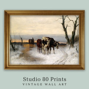 Rustic Cow Wall Art | Snowy Cattle Homecoming | Winter Pastoral Landscape Cow Painting  | Printable Digital Download