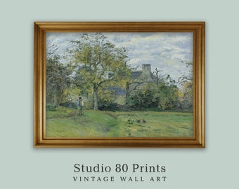 French Countryside Oil Painting: Vintage Farmhouse Landscape (Digital Download)