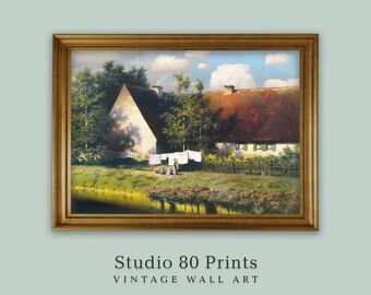 Vintage Farmhouse Oil Painting: Wash Day, Cottagecore Wall Decor (Digital Download)
