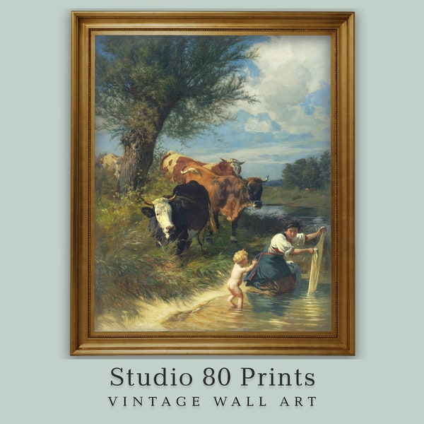 Waschküche Wandkunst | Pastorale Landschaft Kühe und Waschfrau | Antike Wäsche Malerei | Druckbarer digitaler Download