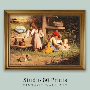 Stampa artistica vintage con bambini che lavano: arredamento rustico per lavanderia (download digitale)