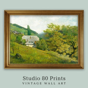 Vintage Landscape Art Print | House on a Hill | Printable Digital Download | Country Farmhouse Cottage Wall Art
