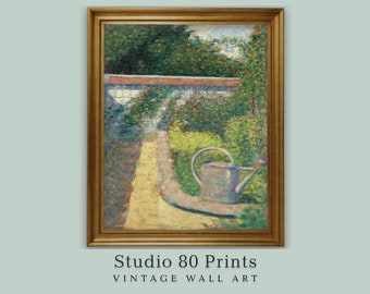 Antique French Countryside Oil Painting: Garden Watering Can (Digital Download)