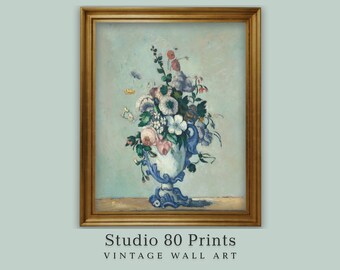Floral Still Life Painting: Vintage Flowers in Blue Vase (Digital Download)