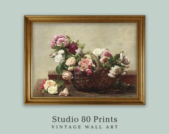 Roses in Basket Still Life Oil Painting: Vintage Floral Art (Digital Download)