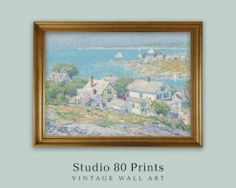 New England Coastal Painting: Vintage Beach House Art (Digital Download)