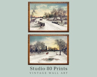 Christmas Morning & Eve Antique Painting Prints: Farmhouse Holiday Decor (Digital Download)