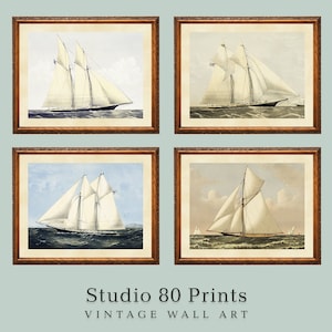 Vintage Nautical Print Gallery | Set of 4 Racing Yachts | Antique Lithograph Sailboat Prints | Printable Digital Download