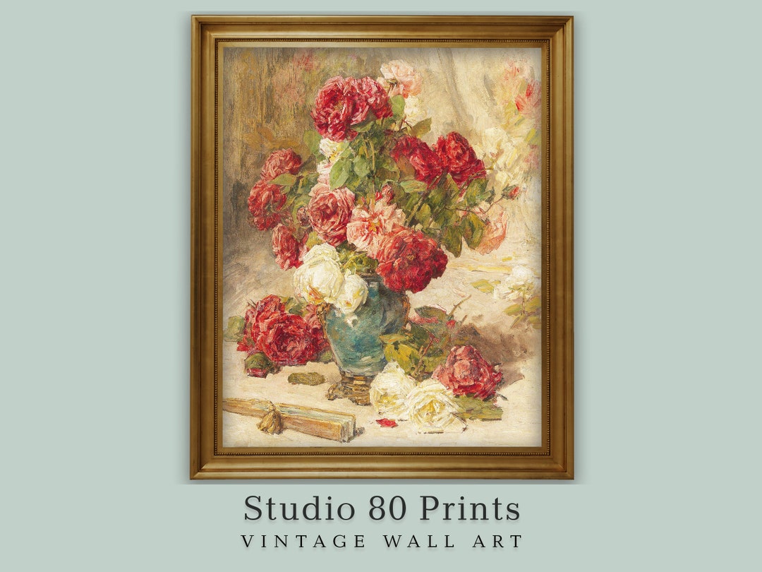 Roses With Fan Still Life Vintage French Floral Art Print