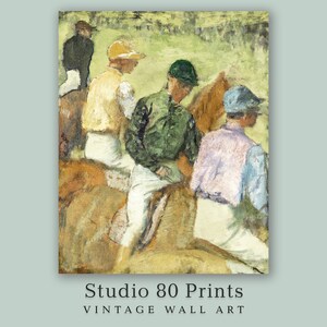 19th century painting of four jockeys by Edgar Degas. Racehorses before the horse race.