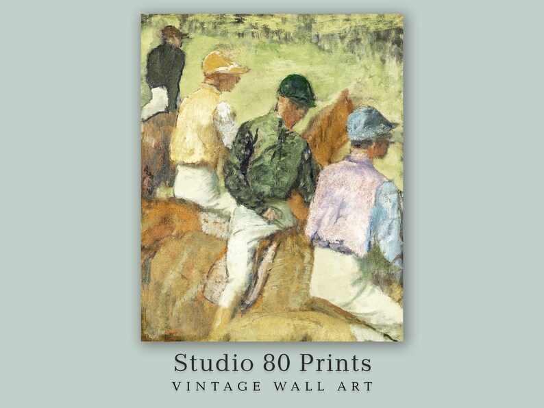 19th century painting of four jockeys by Edgar Degas. Racehorses before the horse race.