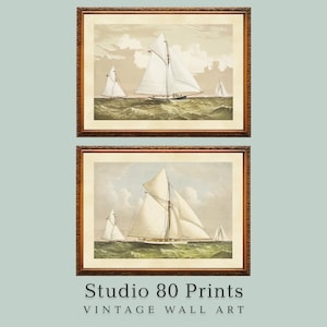 Set of 2 Nautical Prints | Vintage Sailboat Gallery Wall Art | Antique Racing Yacht Regatta Lithograph Prints | Printable Digital Download