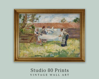 Vintage Washerwomen Painting: Country Laundry Room Decor (Digital Download)