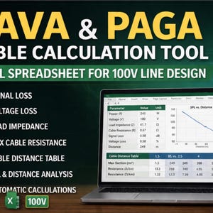 Könnte beinhalten: Laptop-Bildschirm mit einer Excel-Tabelle für Kabelberechnungen, betitelt "PAVA & PAGA Cable Calculation Tool". Der Bildschirm zeigt Datentabellen und ein Diagramm zur Analyse von Signalverlust und Kabelentfernung. Der Text enthält "Excel-Tabelle für 100V-Leitungsdesign."