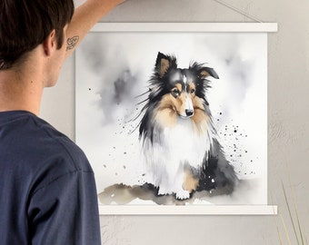 Minimalist Watercolour Art of Tri Color Sheltie Wall Art, Sumie Style Painting Ready to Hang Poster, Shetland Sheepdog Brush Art Wall Decor